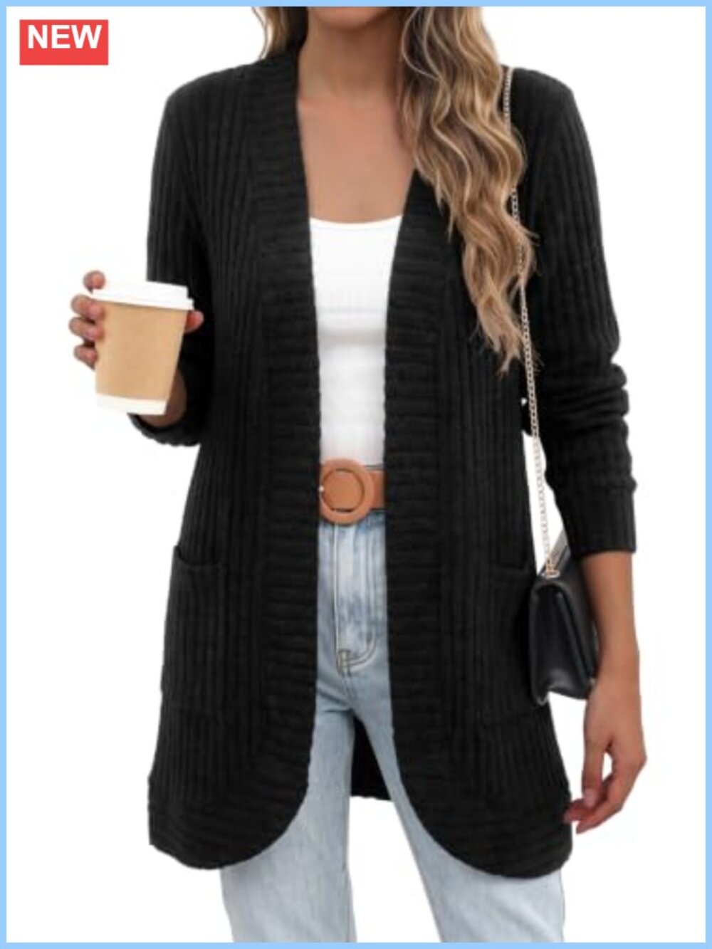 Open Front Cardigan Sweater with Pockets Long Sleeve V-Neck Relaxed Fit